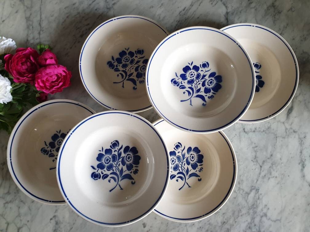 Assiettes Creuses Anciennes X6 Modèle Floral Bleu de La Manufacture Française Badonviller