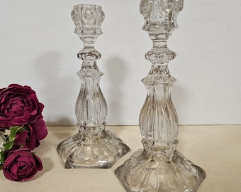Old duo candlesticks in molded pressed glass 19th