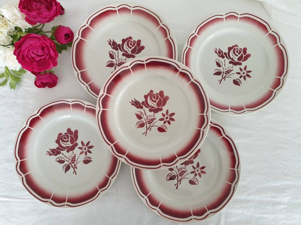 Assiettes Plates Anciennes X5 Modèle Floral de La Manufacture Française Badonviller