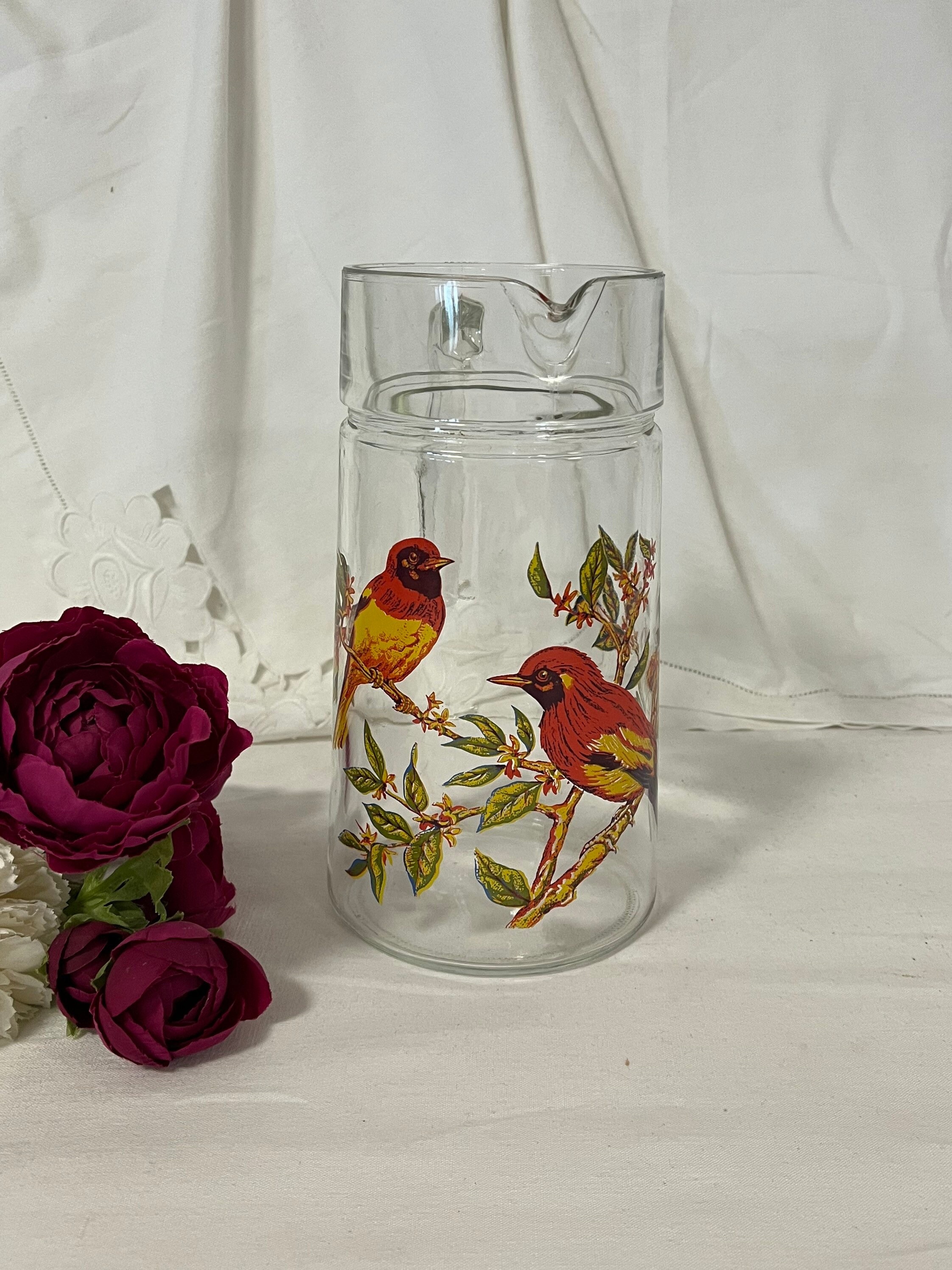 Pichet Ancien en Verre Motif Oiseaux