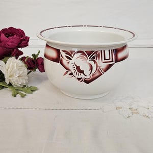 May include: A white ceramic planter with a burgundy floral design. The planter has a wide rim and a rounded body. Burgundy flowers and white flowers are next to the planter on a white surface.