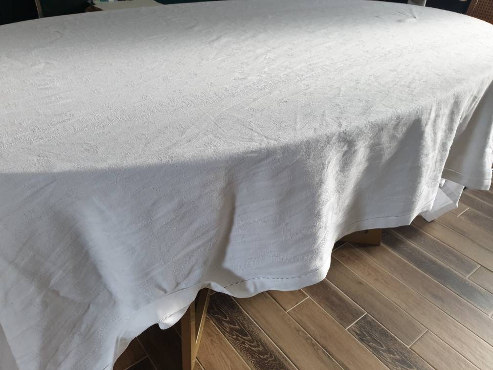 Nappe Ancienne Rectangulaire en Damassé de Coton Ancien 260cm X 145cm