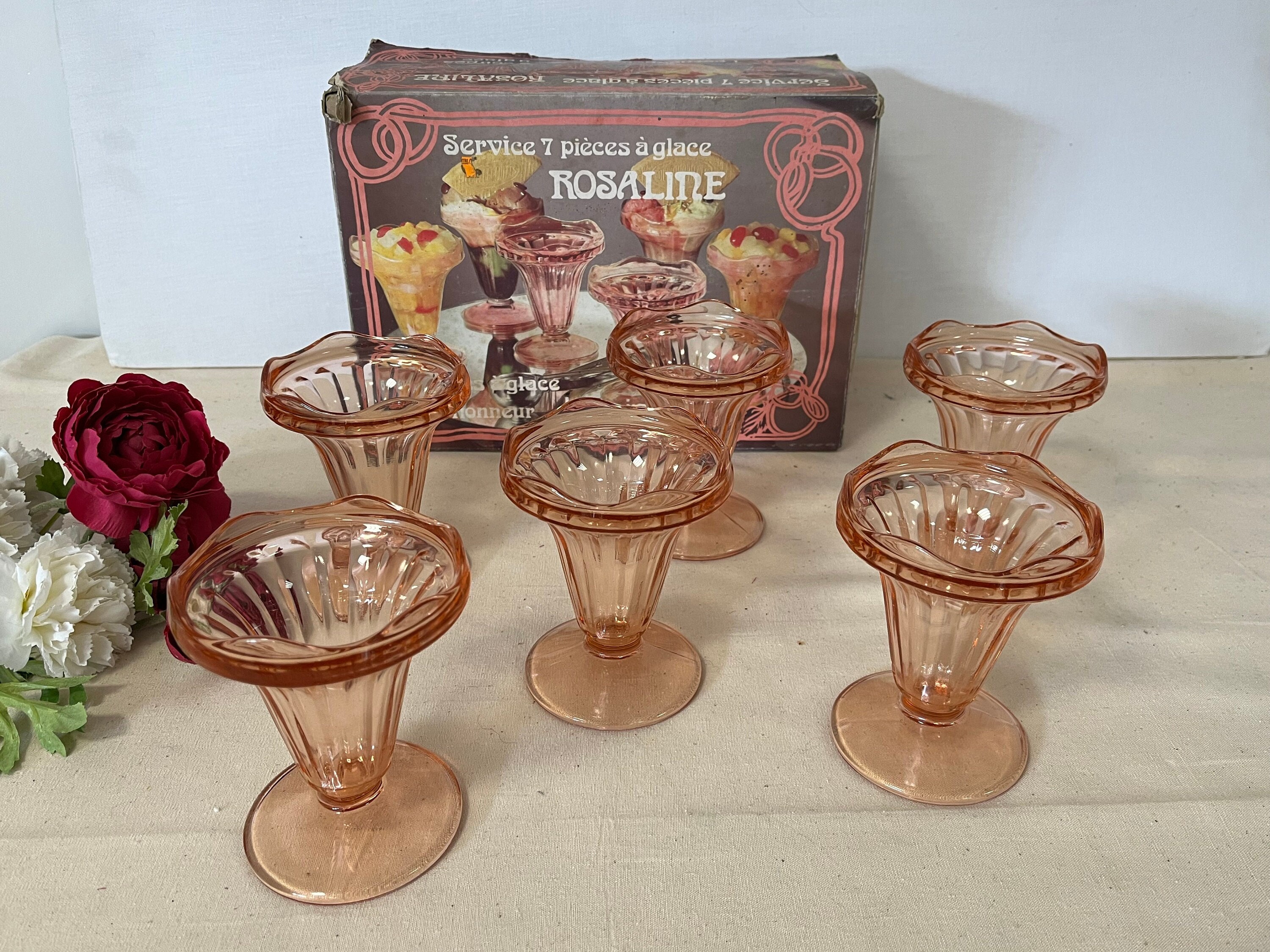 4 Coupes à Glace Arcopal France En Verre Rose - Vintage Rosaline, Pour Fruits Ou Desserts, Occasion