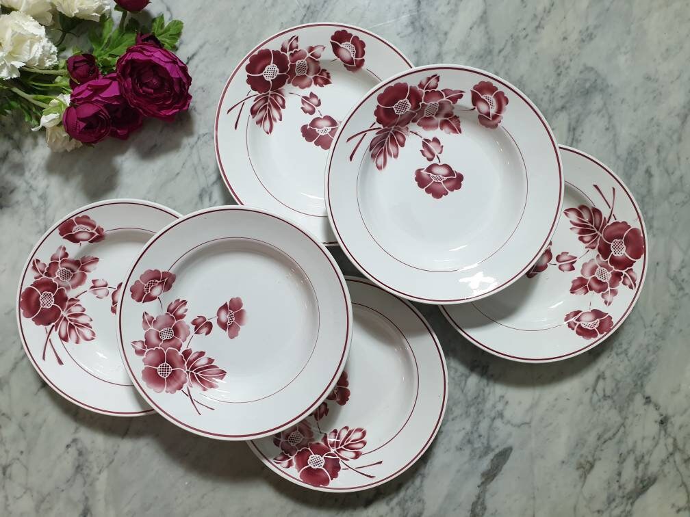 Assiettes Creuses Anciennes X6 Modèle Floral de La Manufacture Française Moulin Des Loups