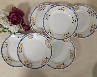 Assiettes plates anciennes X6 modèle "Guy" de la manufacture française HBCM pour les Nouvelles Galeries