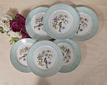 Assiettes plates anciennes X6 modèle "Oiseaux" de la manufacture française de Badonviller