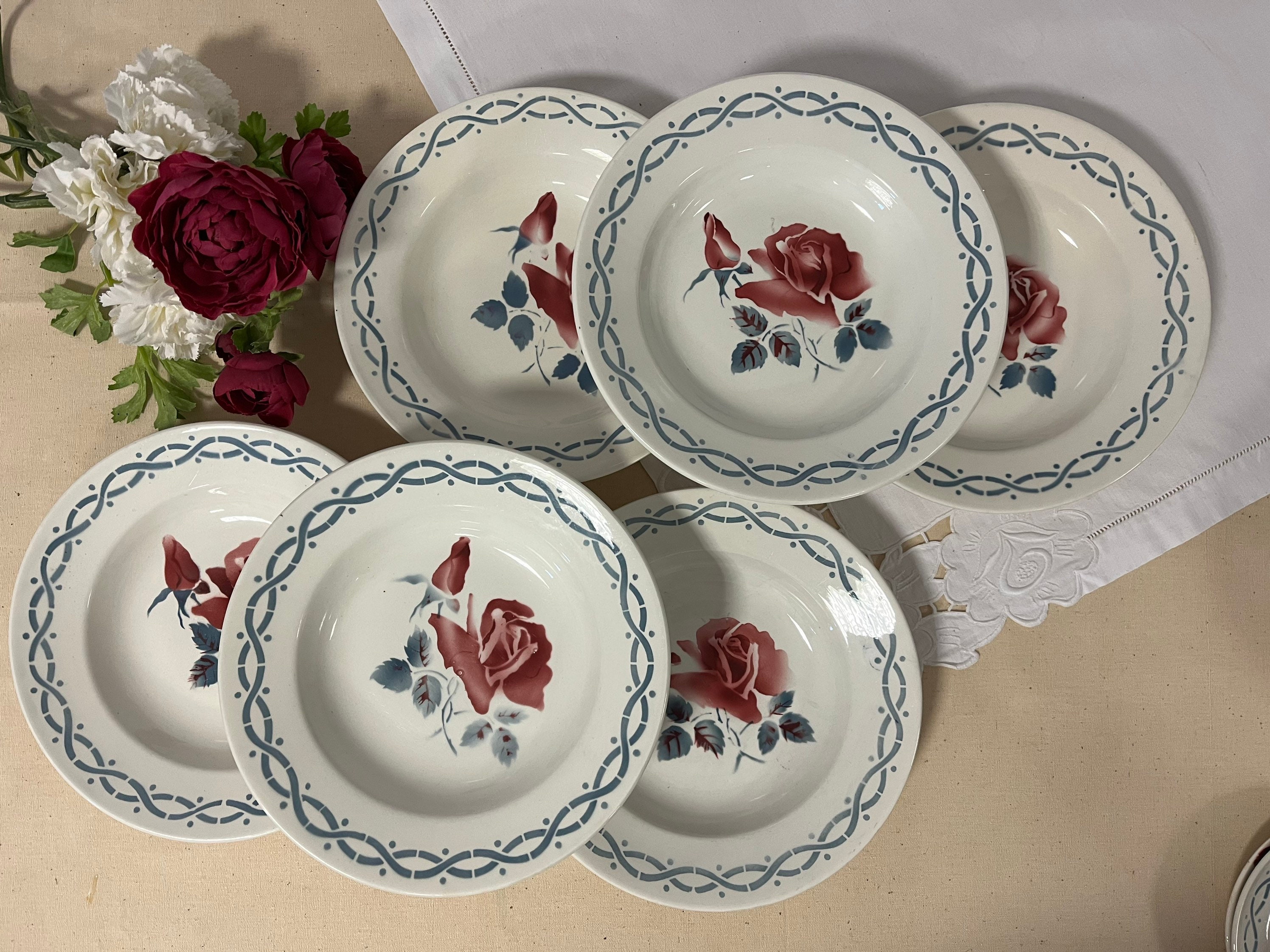 Assiettes Creuses Anciennes X6 Modèle Jeanine de La Manufacture Française Digoin et Sarreguemines