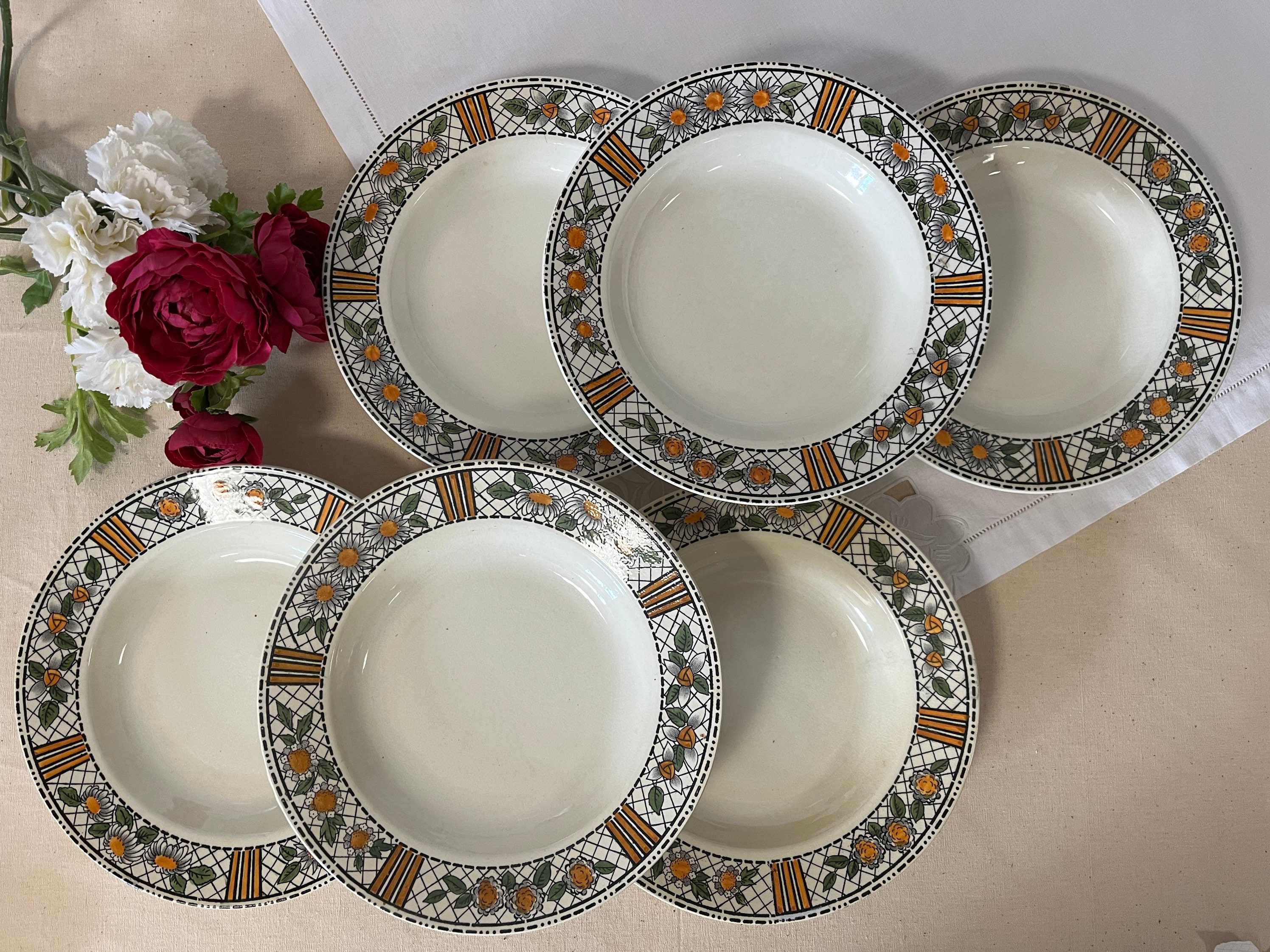 Assiettes Creuses Anciennes X6 Modèle Elisabeth de La Manufacture Française Hbcm