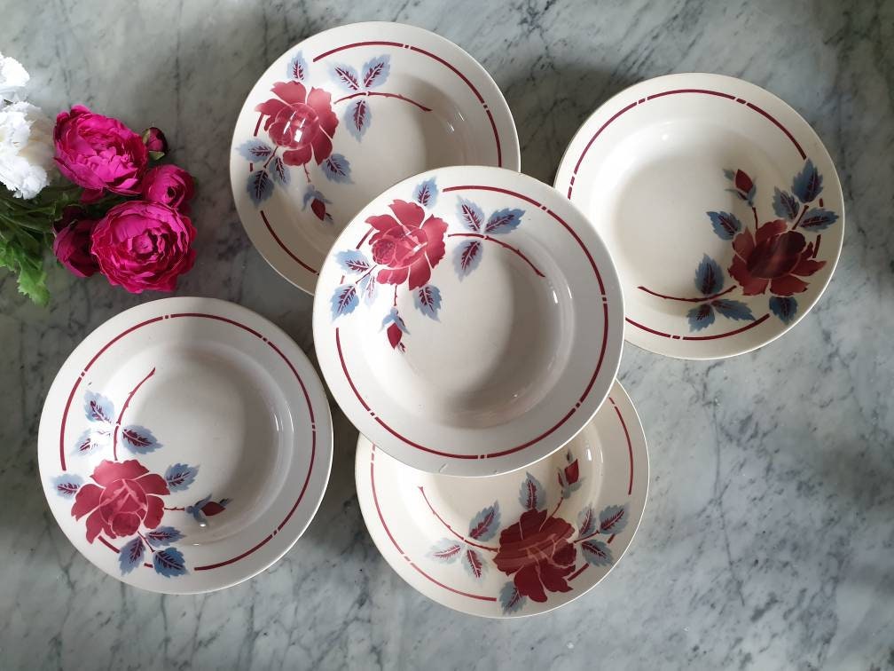 Assiettes Creuses Anciennes X5 Modèle Floral de La Manufacture Française Moulin Des Loups