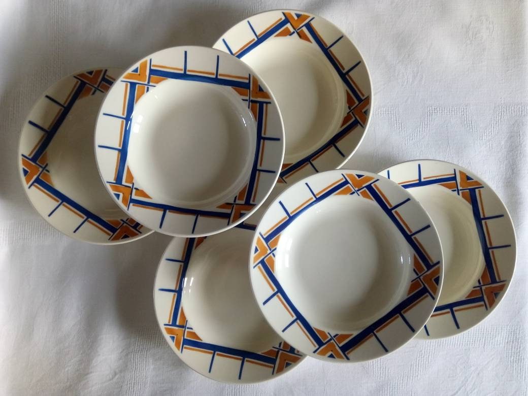 Ensemble de 6 Assiettes Creuses Anciennes Modèle Elbeur Design Graphique Manufacture Française Badon