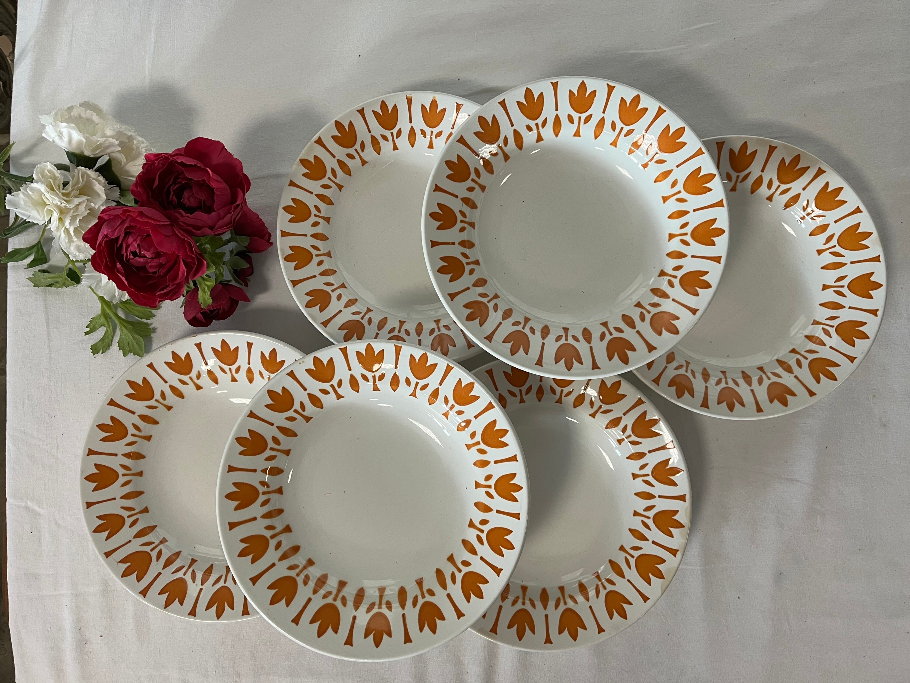 Assiettes Creuses Anciennes X6 Jaune Tulipe de La Manufacture Française Sarreguemines