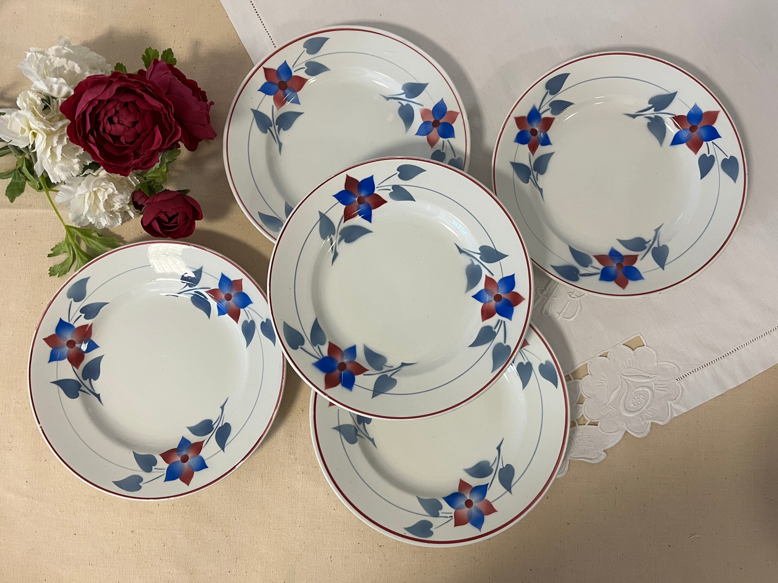 Assiettes Plates Anciennes X5 Modèle Pontaillac de La Manufacture Française Moulin Des Loups