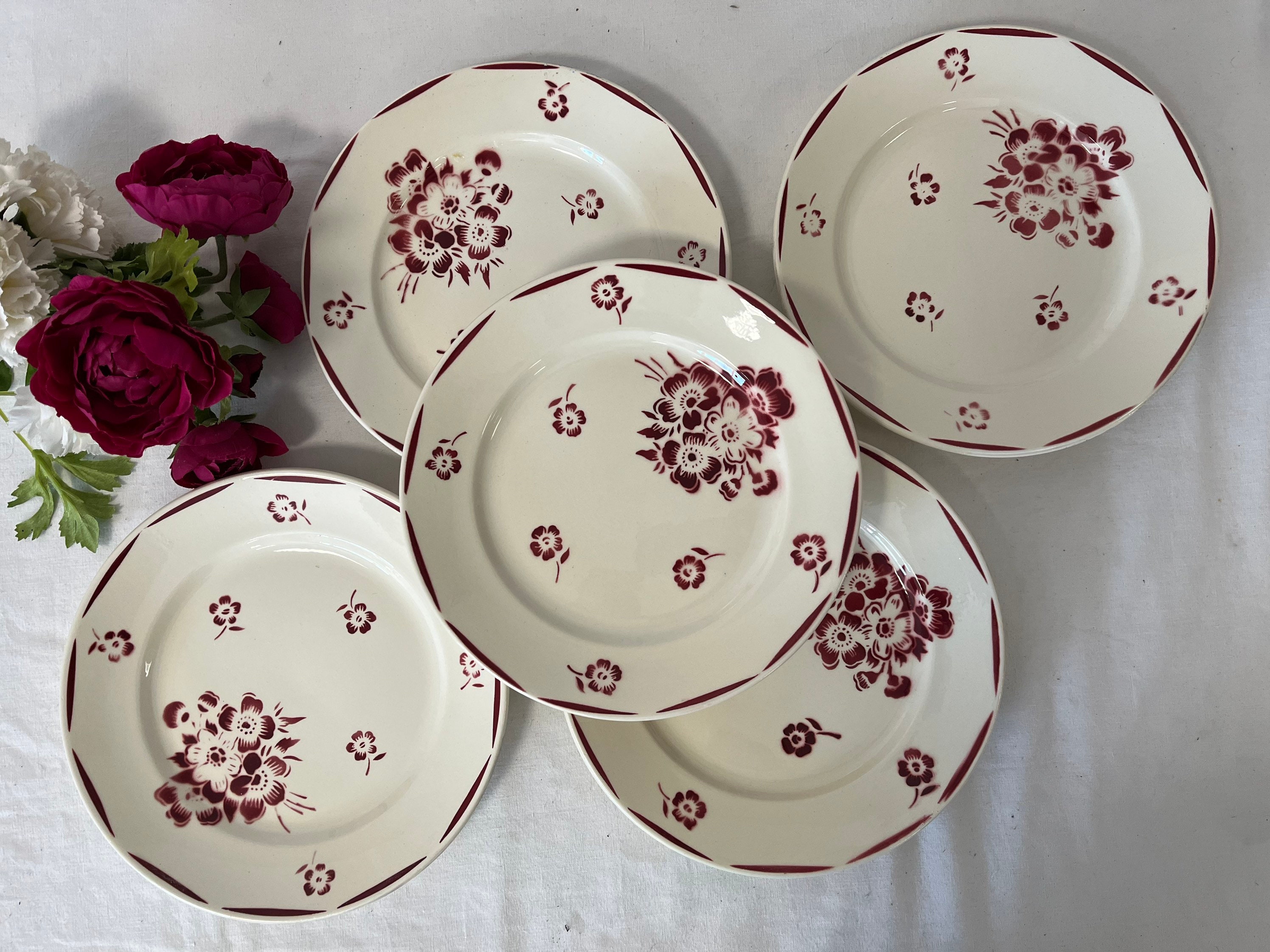 Assiettes Plates Anciennes X5 Modèle Pervenches de La Manufacture Française Badonviller