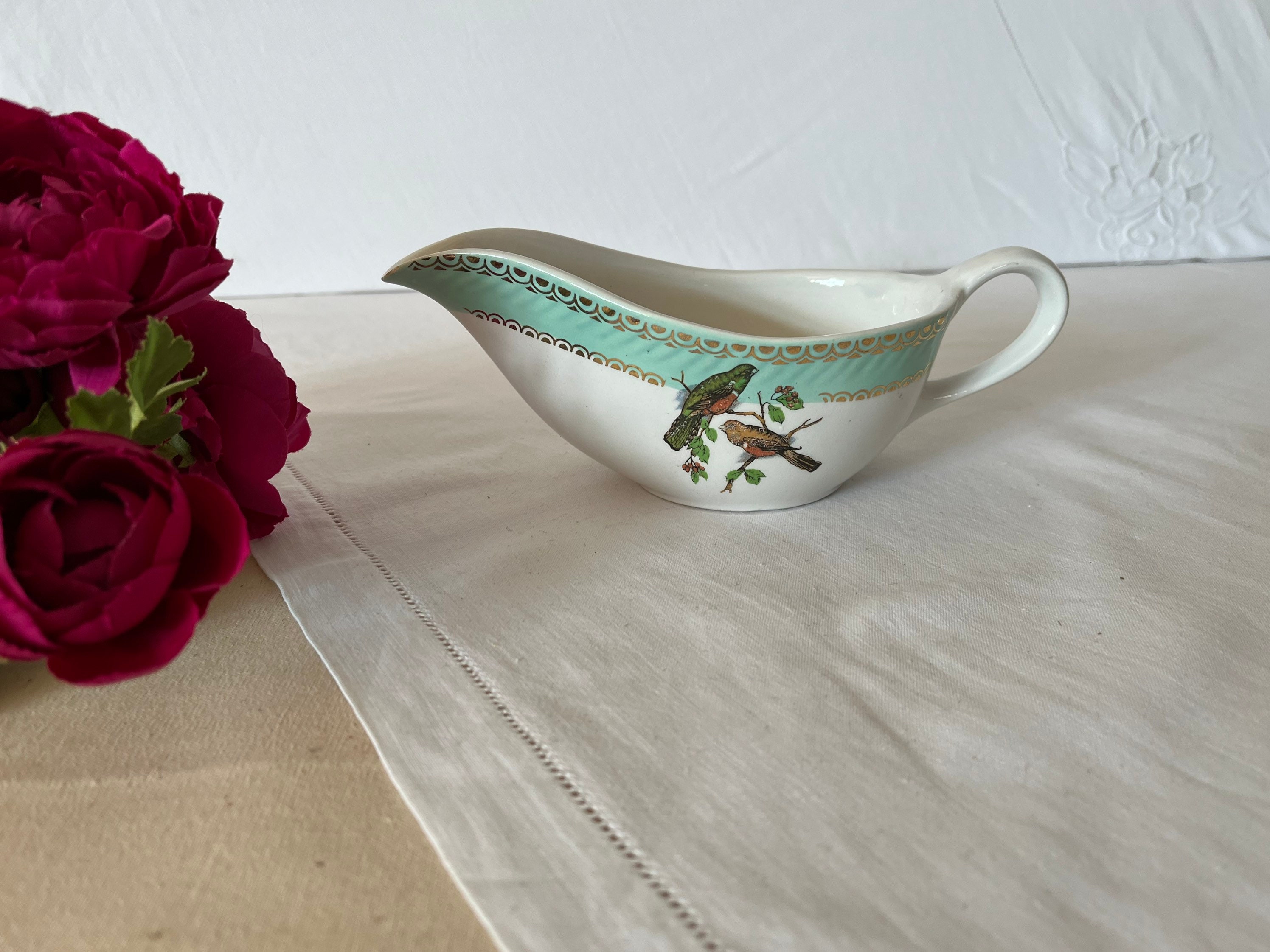 Jolie Saucière Vert Pastel Badonviller Anciennes Faïence à Décor d'oiseaux Manufacture Française