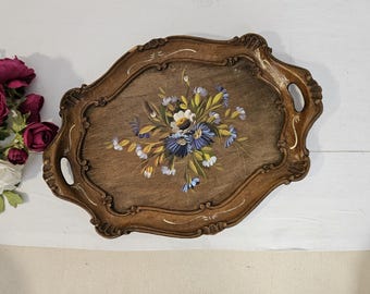 Bandeja de servir de madera italiana vintage pintada a mano con motivos florales.