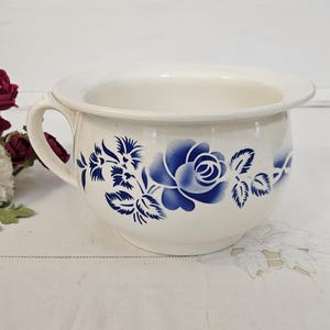 May include: A white ceramic chamber pot with a blue floral design featuring a rose and foliage. The pot has a handle and a wide rim. Decorative flowers in shades of red and white are in the background.