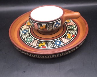 PERUVIAN Peru Hand Painted Plate & Bowl Ceramic Bohemian Condiment sauce Dish