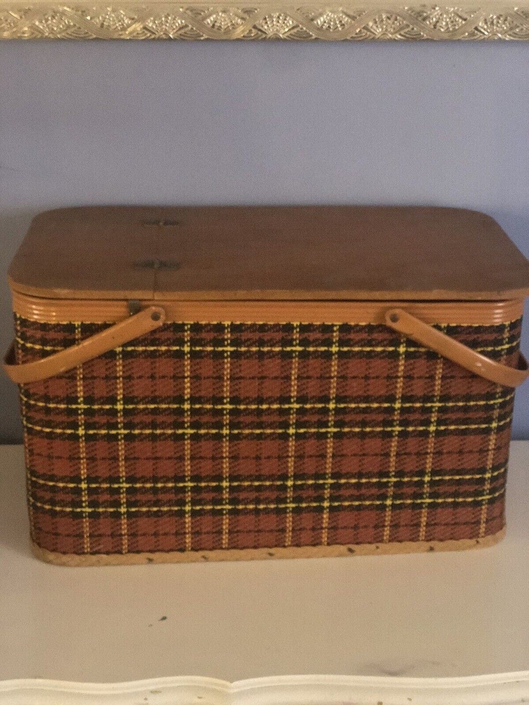 Vintage Redmon Peru Ind Picnic Basket and Insert in Red Black Yellow Plaid 1950s Etsy
