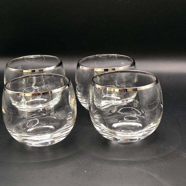 Juego de 4 vasos de whisky vintage de mediados de siglo con detalles en platino y plata Roly Poly