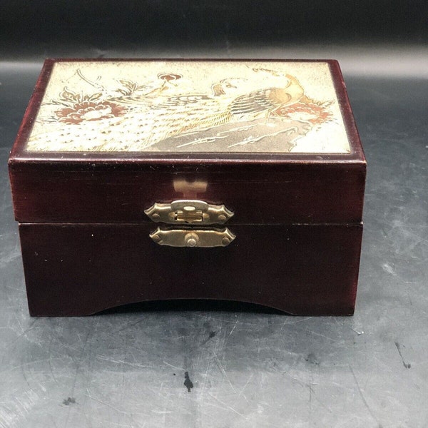 Vtg. Choking Art Japan. Red lacquered Peacock Trinket Box peacocks Flowers. 1970