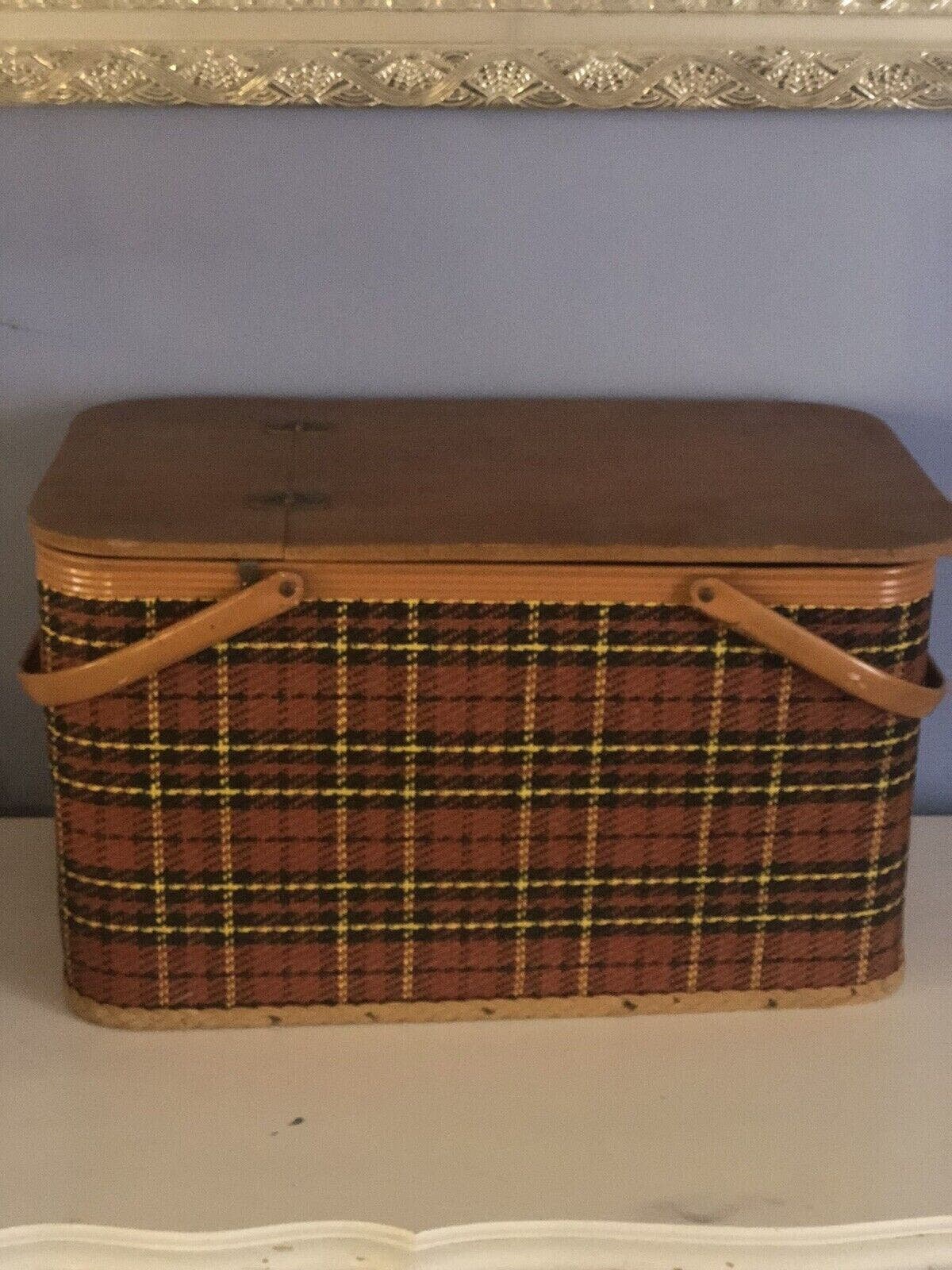 Vintage Redmon Peru Ind Picnic Basket and Insert in Red Black Yellow