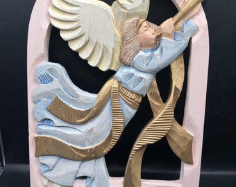 Vintage Folk Art Wooden Painted Angel Playing Trumpet Wall Hanging