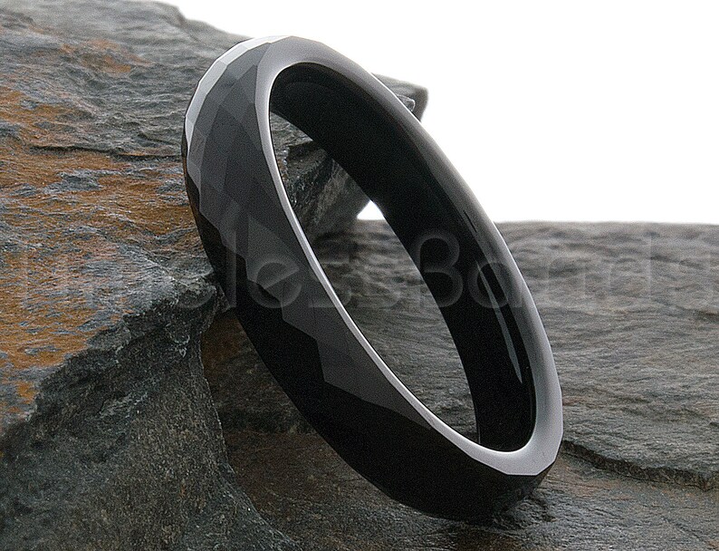 Tungsten Ring 4mm Black Faceted Domed Ring Tungsten Wedding Ring Mens Womens Wedding Band Anniversary Wedding Personalized Laser Engraving