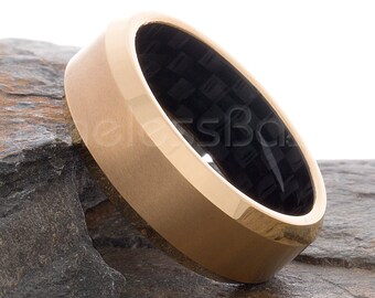 Tungsten Ring Tungsten Wedding Ring Mens Womens Band 8mm Gold Plated Brushed Center Carbon Fiber Ring Anniversary Laser Engraving