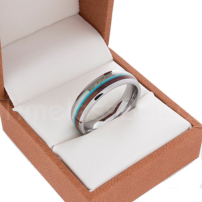 Tungsten Ring Tungsten 6mm Polished Dome Deer Antler Turquoise Wood Ring Wedding Ring Mens Womens Wedding Band Anniversary Wedding Engraving