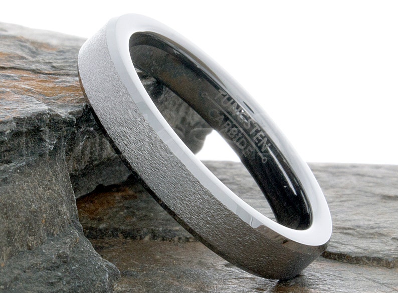 Tungsten Ring Tungsten Wedding Ring Mens Wedding Band 4mm Stone Finished Center And Beveled Edges Ring Anniversary Wedding Laser Engraving