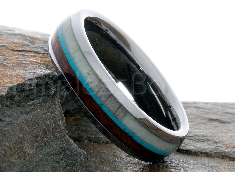 Tungsten Ring Tungsten 6mm Polished Dome Deer Antler Turquoise Wood Ring Wedding Ring Mens Womens Wedding Band Anniversary Wedding Engraving