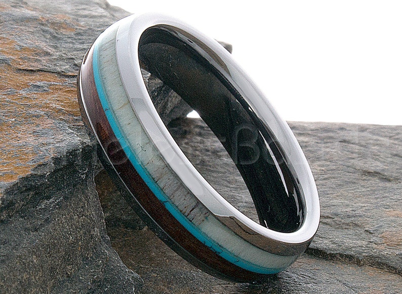 Tungsten Ring Tungsten 6mm Polished Dome Deer Antler Turquoise Wood Ring Wedding Ring Mens Womens Wedding Band Anniversary Wedding Engraving