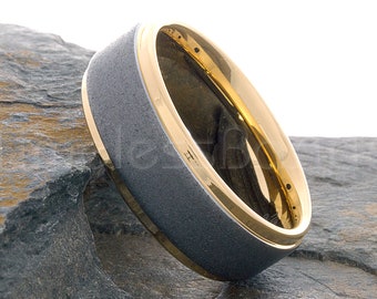 Tungsten Ring 8mm Gold Plated Silver Stone Finished Center Stepped Edges Ring Tungsten Wedding Ring Mens Wedding Band Anniversary Wedding