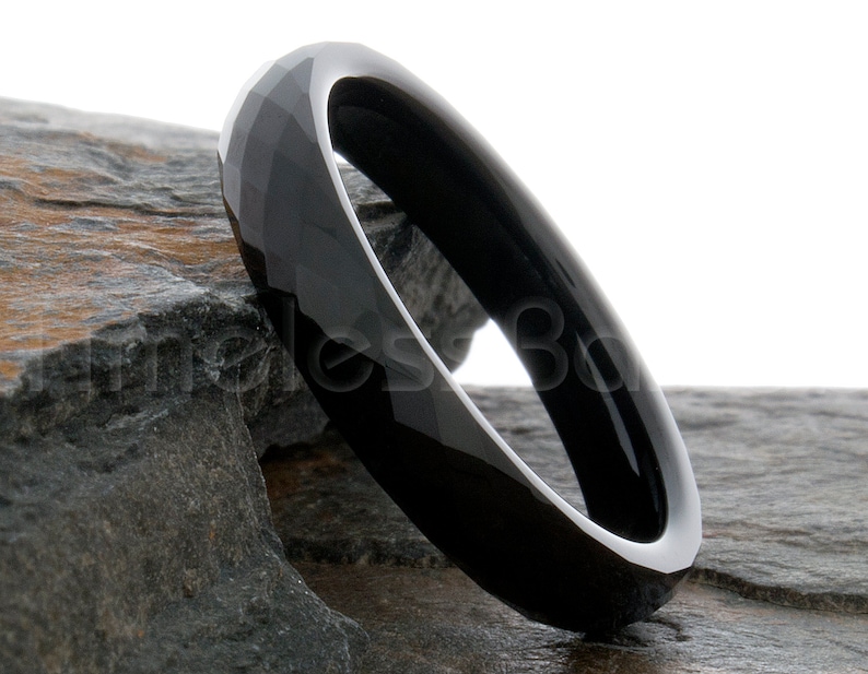 Tungsten Ring 4mm Black Faceted Domed Ring Tungsten Wedding Ring Mens Womens Wedding Band Anniversary Wedding Personalized Laser Engraving