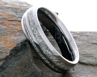8MM/6MM Tungsten Carbide Beveled Edge With Meteorite Inlay Wedding Band Ring Set For Men And Ladies