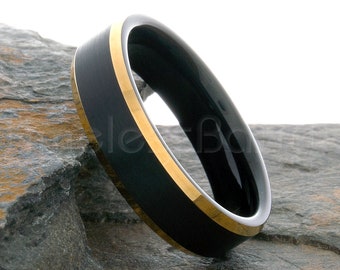 Tungsten Ring 6mm Black Brushed Gold Beveled Edge Ring Tungsten Band Mens Womens Wedding Band Anniversary Wedding Personalized Engraving