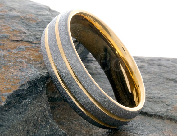 Tungsten Ring 8mm Gold Double Groove Stone Finished Ring Tungsten
