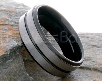 Tungsten Ring 8mm Black Silver Brushed Groove Stepped Edge Ring Wedding Ring Mens Womens Wedding Band Anniversary Personalized Engraving