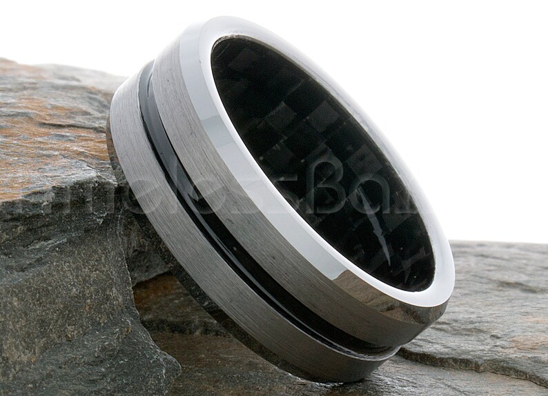 Tungsten Ring Tungsten Wedding Ring Mens Womens Band 8mm Brushed with Black Center Groove Carbon Fiber Interior Anniversary Laser Engraving