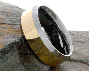 Tungsten Ring 8mm Polished Gold Center Beveled Edge Ring Tungsten Wedding Mens Womens Wedding Band Tungsten Anniversary Wedding Engraving