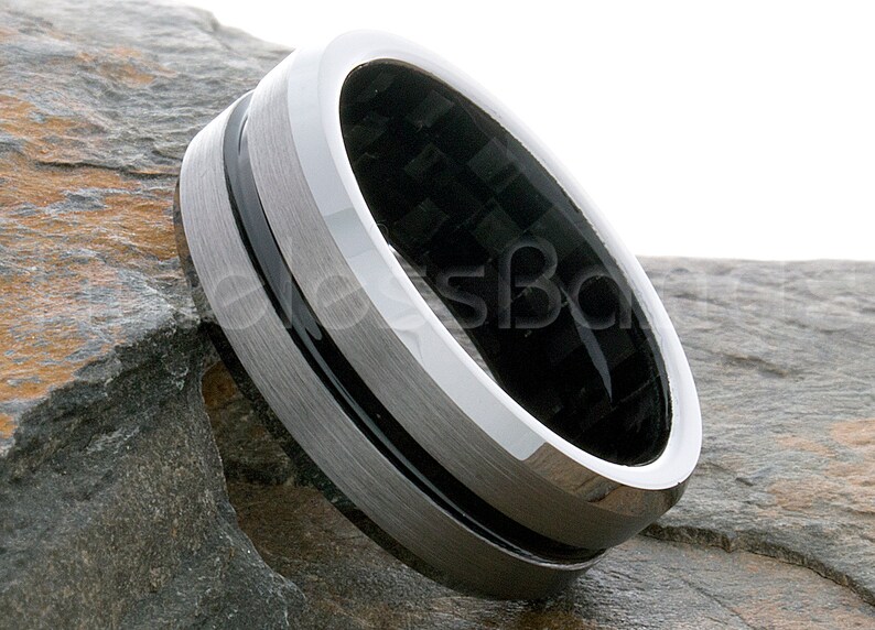 Tungsten Ring Tungsten Wedding Ring Mens Womens Band 8mm Brushed with Black Center Groove Carbon Fiber Interior Anniversary Laser Engraving