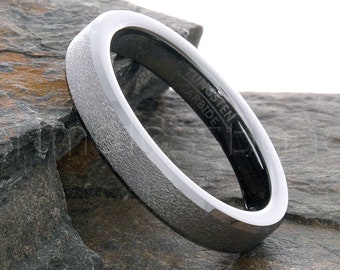Tungsten Ring Tungsten Wedding Ring Mens Wedding Band 4mm Stone Finished Center And Beveled Edges Ring Anniversary Wedding Laser Engraving