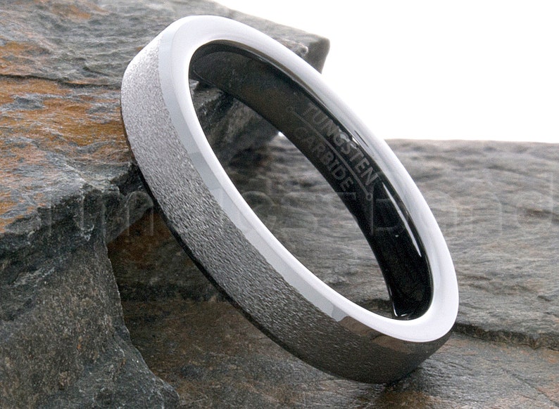 Tungsten Ring Tungsten Wedding Ring Mens Wedding Band 4mm Stone Finished Center And Beveled Edges Ring Anniversary Wedding Laser Engraving