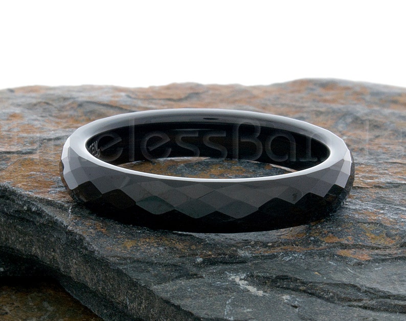 Tungsten Ring 4mm Black Faceted Domed Ring Tungsten Wedding Ring Mens Womens Wedding Band Anniversary Wedding Personalized Laser Engraving