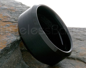 Tungsten Ring 8mm Black Brushed Center And Beveled Edge Ring Tungsten Wedding Ring Mens Wedding Band Anniversary Wedding Free Engraving