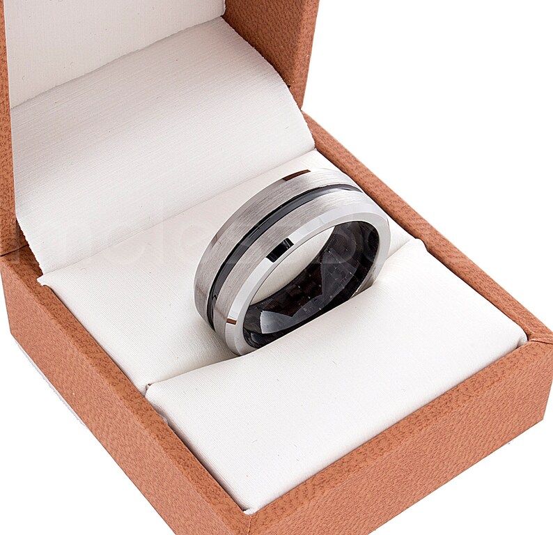 Tungsten Ring Tungsten Wedding Ring Mens Womens Band 8mm Brushed with Black Center Groove Carbon Fiber Interior Anniversary Laser Engraving