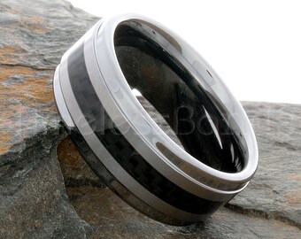 Tungsten Ring 9mm Tungsten Brushed Border Carbon Fiber Ring Tungsten Wedding Ring Mens Womens Wedding Band Anniversary Wedding Engraving