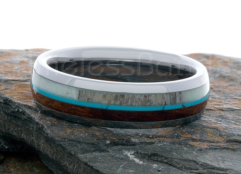 Tungsten Ring Tungsten 6mm Polished Dome Deer Antler Turquoise Wood Ring Wedding Ring Mens Womens Wedding Band Anniversary Wedding Engraving