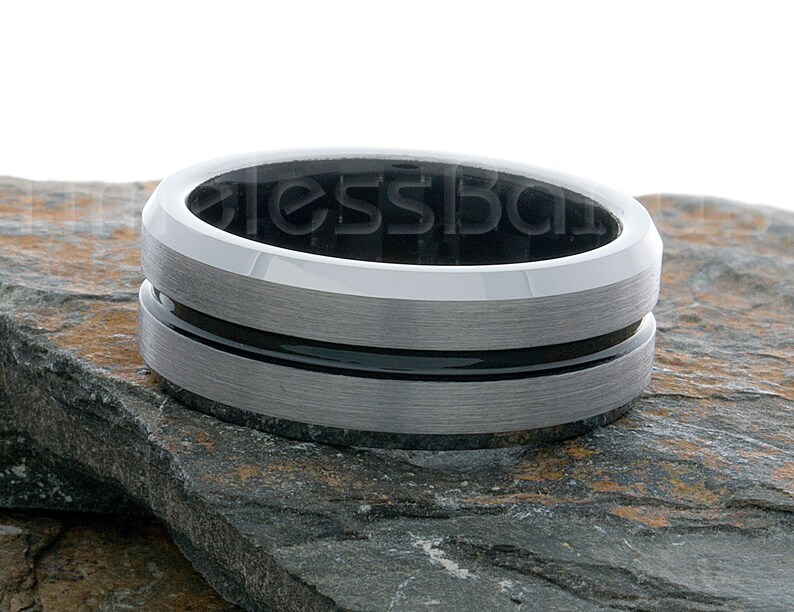 Tungsten Ring Tungsten Wedding Ring Mens Womens Band 8mm Brushed with Black Center Groove Carbon Fiber Interior Anniversary Laser Engraving