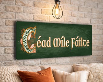 Cead Mile Failte Irish Welcome Sign, Celtic Knotwork Gaelic Wall Decor, Distressed Farmhouse Ireland